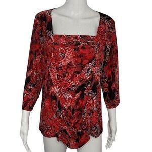 Dressbarn Red Print Ruched‎ Front Top